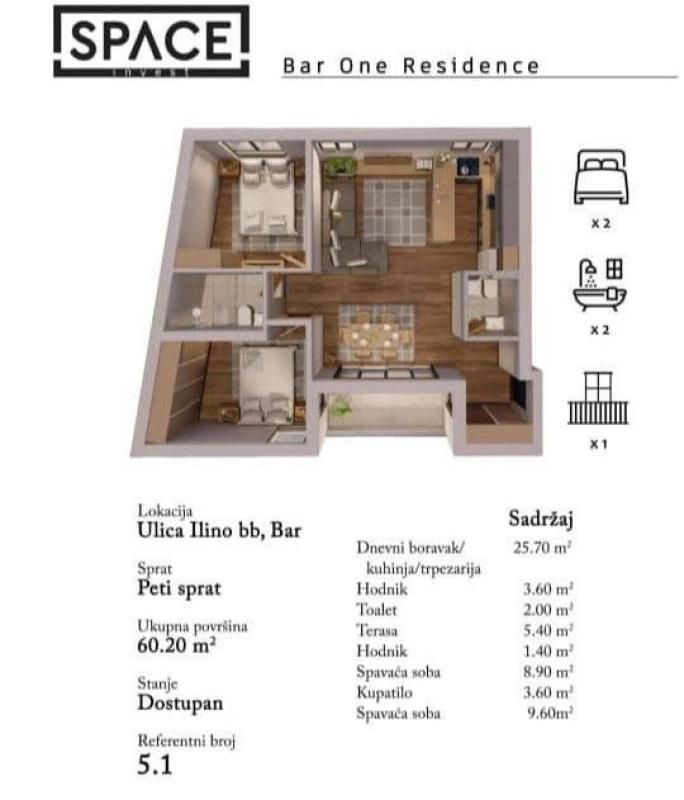 Flat in Bar, Montenegro, 60 m² - picture 2